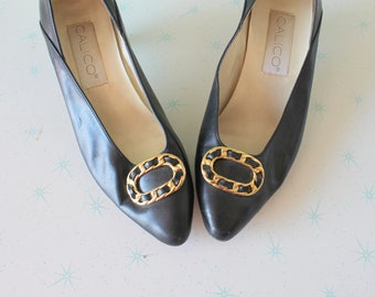 SALE//// Vintage CALICO zwart en goudkleurige hakken... damesmaat 6... hakken. goud. pompen. feest. mod. klassiek. Glamour uit de jaren 60. leer. vakantie.