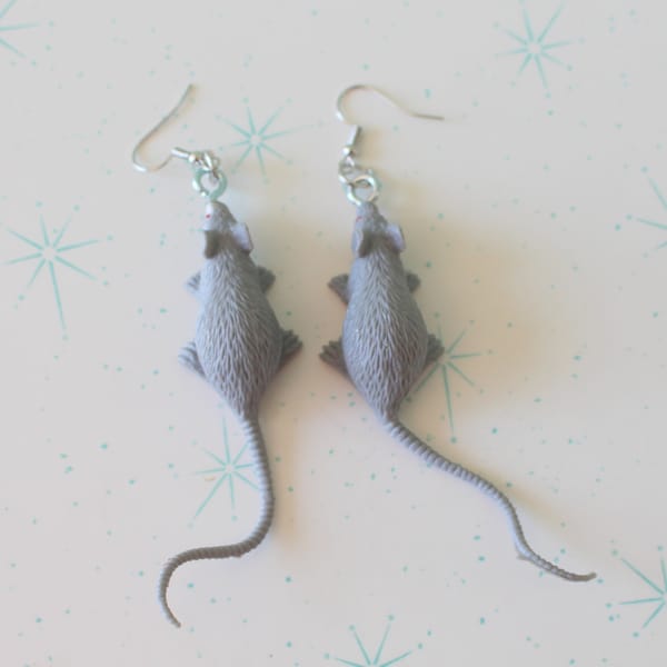 The RAT Earrings.....spooky. halloween. novelty. weird. creepy. retro. goth. freaky. rats. black. rodent. plastic toy. rat earrings. mouse