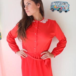 Vintage Red Lace Dress: 1960s Handmade Victorian Style, Size Small/Medium