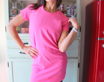 Vintage WAITRESS Shift Dress....diner. pink dress. retro dress. costume. mod. sunshine. twiggy. fancy. classic. hot pink. short sleeve dress