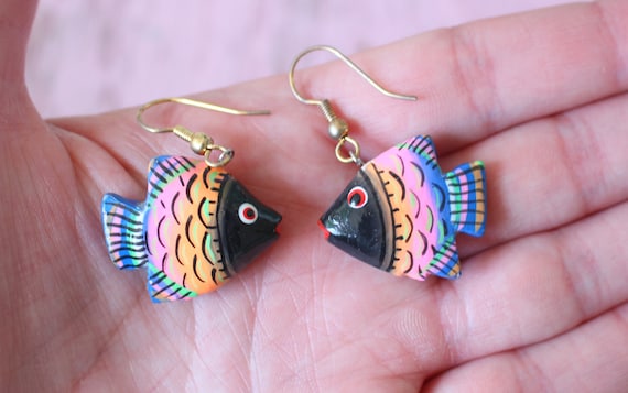 Vintage Colorful FISH Earrings..pierced ears ocean dangly retro fish jewelry fish in the sea animal lover colorful sea life kawaii