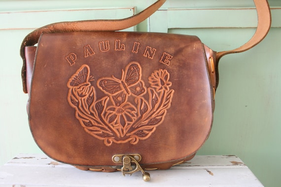 1970s ALL LEATHER Butterfly Flower Hippie Purse...