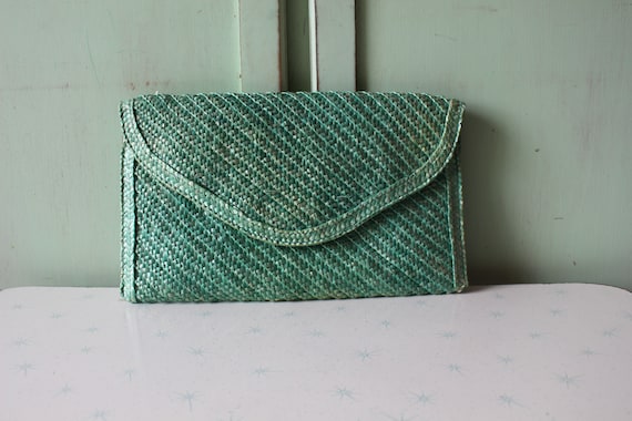 Vintage Mint Green Folk Straw Purse... retro. pur… - image 2