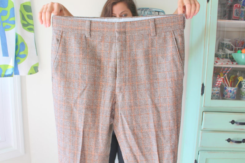 fun colorful urban 1970s bright 1970s PLAID DISCO Brown Orange Dapper Rad Pants....grandpa rad pleated pants hippie 70s show retro