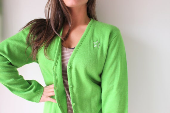 Vintage APPLE GREEN Mid Century Cardigan Sweater..