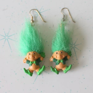 Vintage Troll Doll Earrings: Kitsch Retro Shamrock Collectible