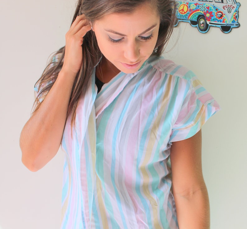 bright rad striped urban crop top medium fun 1980s RAINBOW Pastel Hipster Button Down....pink large colorful unisex retro 1980s