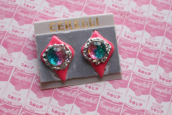 1980s Pink Glitter Jewel Stud Earrings.....costum… - image 2