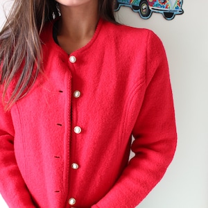 Vintage Red Wool Cardigan: Mid Century Knit Sweater with Pearl Buttons (M/L)