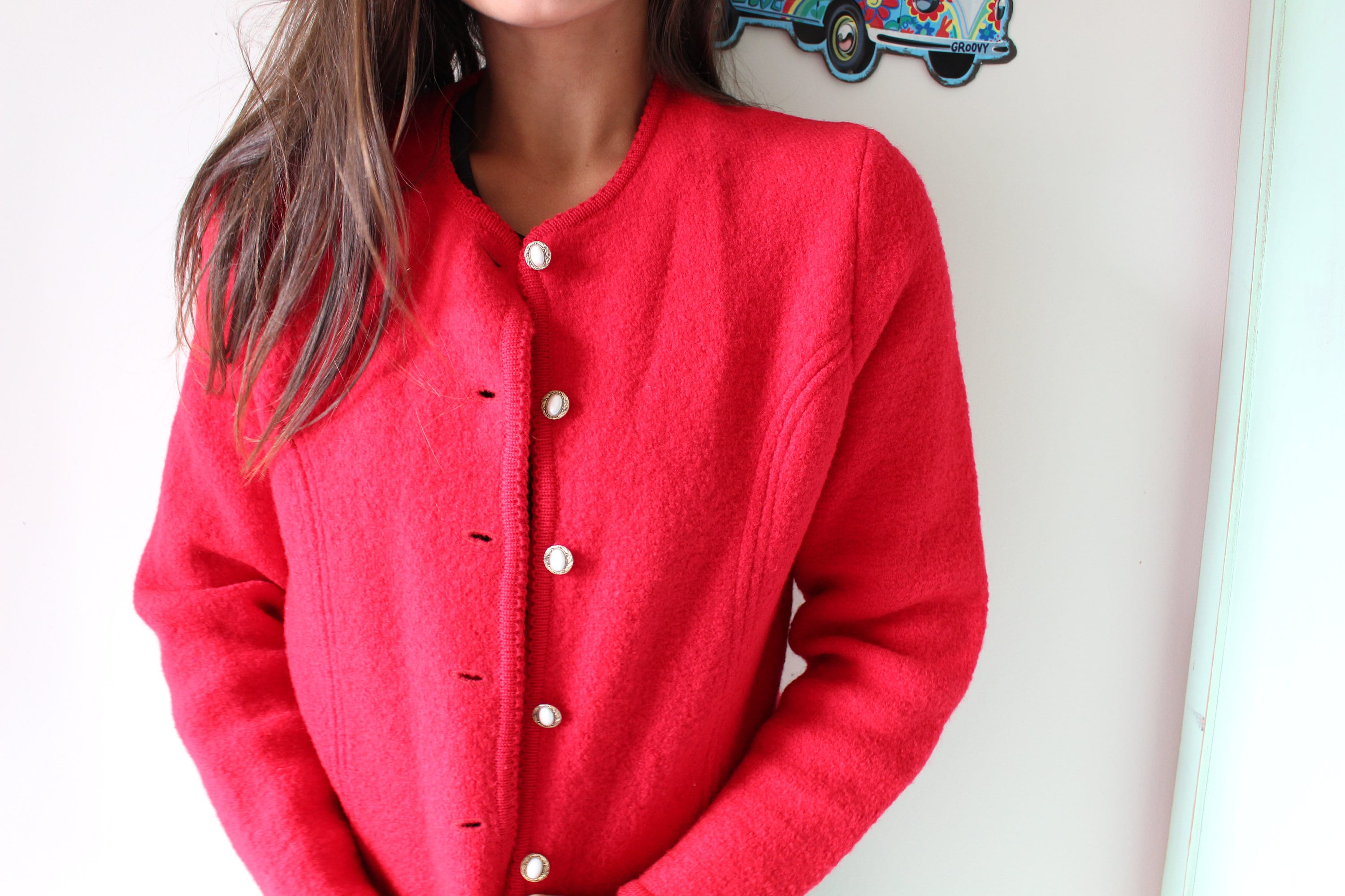 Gilet Pull Vintage Tricot Main En Laine Rouge - Fermeture Boutons - Taille M - Occasion Bon état