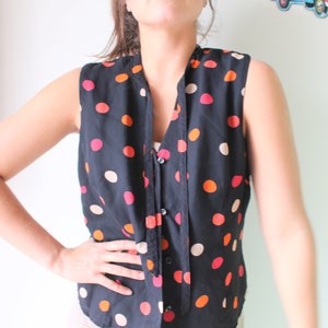 Vintage Polka Dot Blouse: Black & Orange Silky Top