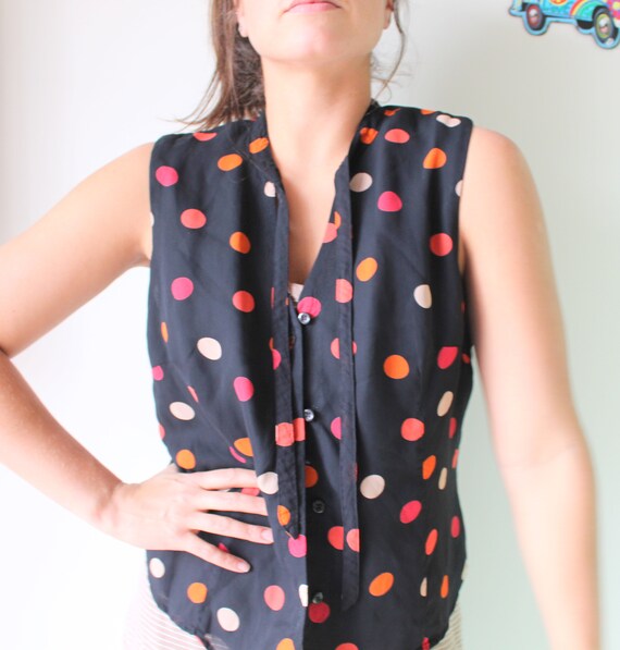 Vintage POLKA DOTS Blouse.women. black and orange… - image 1