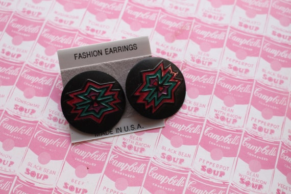 1980s Made in USA Black Pink Stud Earrings.....co… - image 2