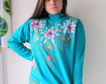 Vintage Teal Floral Sweater: 1980s Sequin Embellished Acrylic