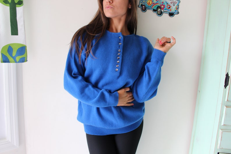 1980s ROYAL BLUE Sweater...unicorn. colorful. bright. retro. sapphire. azure. 1980s sweater. rad. fun. festive. holiday. bright. cardigan. image 4