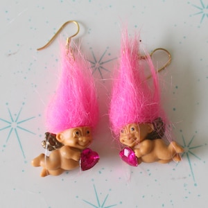 RARE Vintage TROLLS Doll Earrings..collectible. pink. troll. 1980s. 1990s. kitsch. retro. hippie troll. valentines day. cupid troll earrings image 1