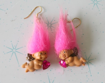 RARE Vintage TROLLS Doll Earrings..collectible. pink. troll. 1980s. 1990s. kitsch. retro. hippie troll. valentines day. cupid troll earrings