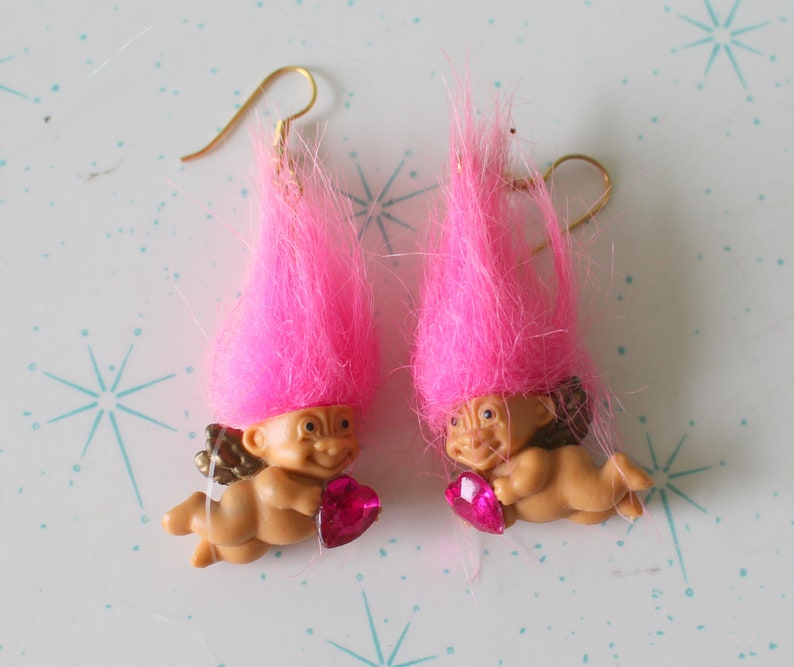 RARE Vintage TROLLS Doll Earrings..collectible. pink. troll. 1980s. 1990s. kitsch. retro. hippie troll. valentines day. cupid troll earrings image 1