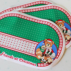1980s Vintage Green Red Country Christmas Stocking Bear PLACEMATS Set...vintage table. retro. vinyl. santa. holiday. dining. festive. bows