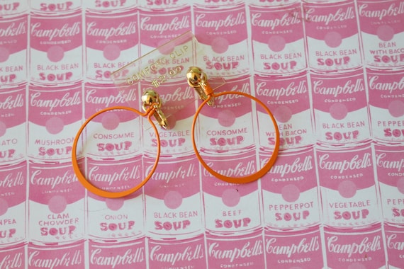 NOS 1980s Vintage ROCKER Hoop Clip Earrings.orang… - image 1