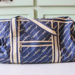 Vintage Canvas Duffel Tote Bag: Blue Designer Logo, 70s Retro Travel