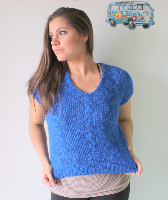 Vintage Blue Knit Crop Sweater - 1980s Boho Style - image 1