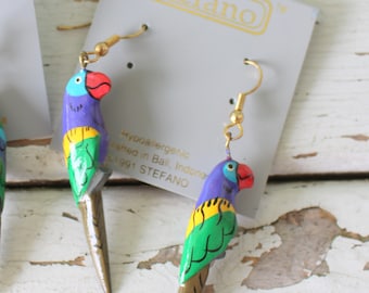 1991 STEFANO New Old Stock PARROT Bird Earrings....kitsch. retro. safari. animal lover. bird jewelry. zoo animals. safari. jungle. bird
