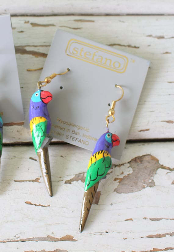 Stefano Parrot Earrings: 1991 NOS Kitsch Bird Jewelry New