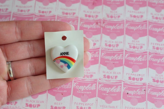 NOS 1980s RAINBOW Anne Name Button Pin....heart. r