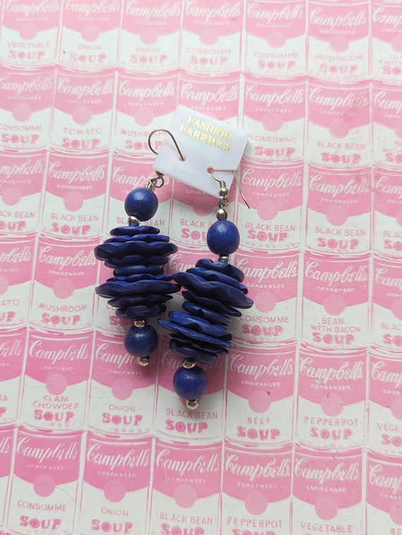 1980s Aztec Indie Boho WOOD Bead Blue Dangly Earri