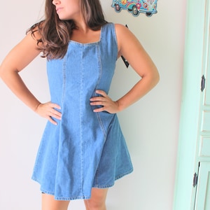 Vintage BLUE JEAN Jumper Dress...retro. blue jean dress. acid wash. 80s clothing. sleeveless. medium dress. summer dress. designer. mod
