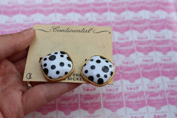 NOS Vintage POLKA DOT Clip On Earrings....black a… - image 2