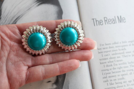 1980s BLUE Teal GLAM Clip On Earrings....retro. c… - image 2