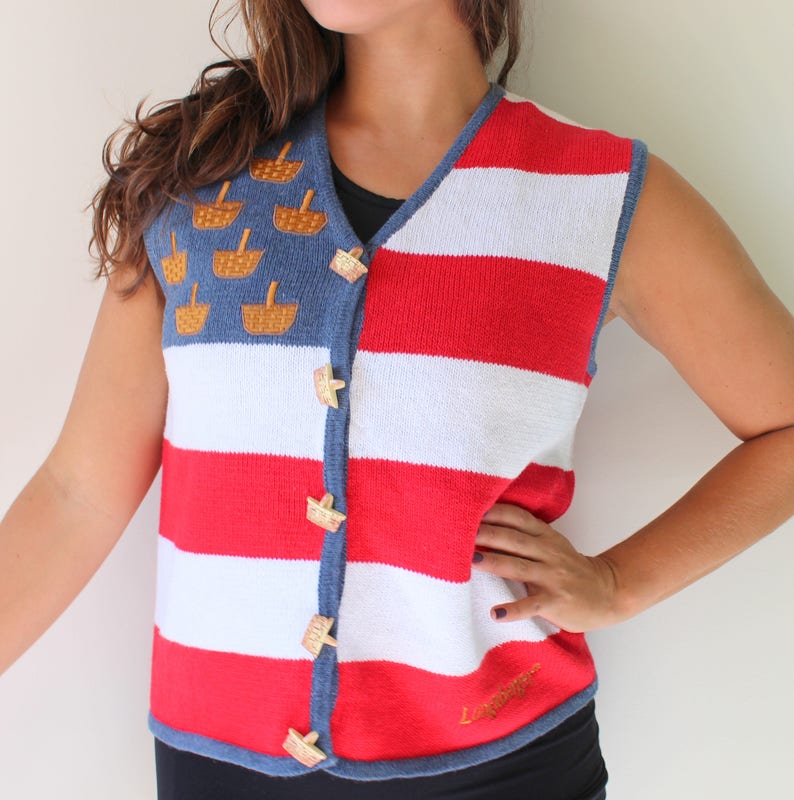 granny sweater costume retro 1980s sweater bright festive holiday red white and blue fun 1980s Basket Country Sweater Vest....red