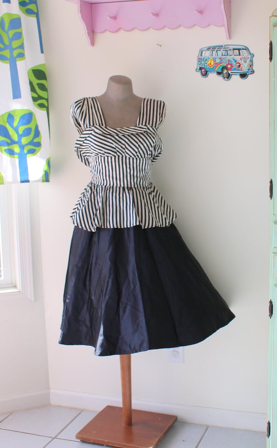 Vintage MOD GIRL Black and White Striped Dress...… - image 1