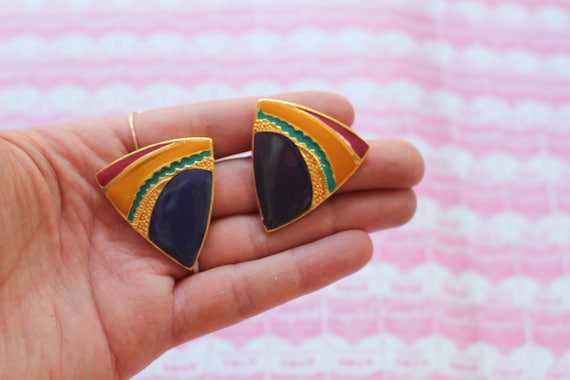 1980s Colorful Earrings...triangle. art. huge. re… - image 1