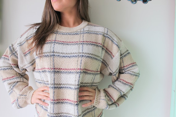 1980s Geometric Striped Sweater: Linen Cotton Ble… - image 1