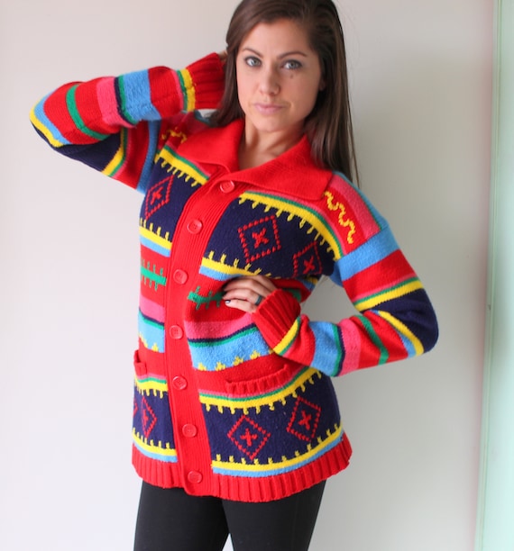 80s RAINBOW Sweater...red. colorful. bright. retro