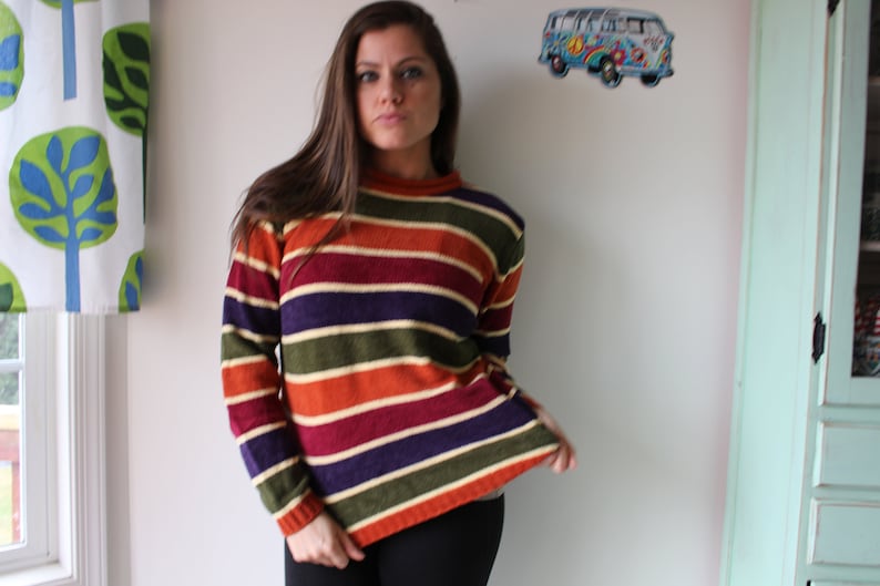 1980s sweater 1980s RAINBOW Sweater...orange striped crop sweater crop top retro colorful rad green fun bright red rainbow