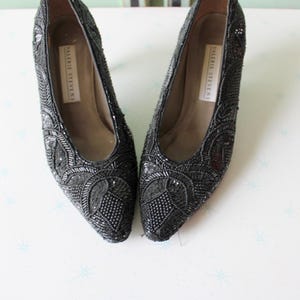 Vintage 1980s Black Satin Kitten Heels: Sequin Party Pumps, Size 8.5