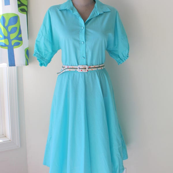 1960s  TURQUOISE BLUE Wiggle Twirl Dress...size large...60s dress. american shirt dress. blue. bright. mod. retro. classic. 1950s 1960s