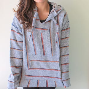 Vintage  Boho Slouchy Unisex Hoodie....folk. hippie. . boho. spring. knit. retro. mod. . striped. blue
