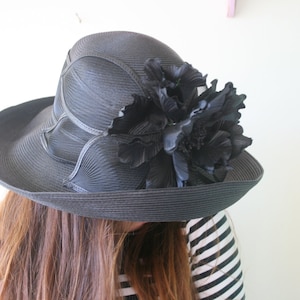 Vintage Mid Century Sunday Hat..straw hat. church. floral. easter. wedding. bride. costume. 1980s hat. 1990s hat. new york. black hat. tulle