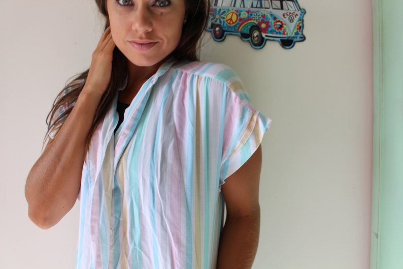 bright rad striped urban crop top medium fun 1980s RAINBOW Pastel Hipster Button Down....pink large colorful unisex retro 1980s