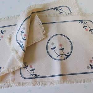 1980s Vintage Fringe PLACEMATS Set..cream. vintage table linen. sewing. floral. pink floral. vintage fabric. set of 3. garden. cottage. blue