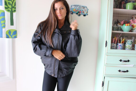 1980s BLACK LEATHER Jacket...size medium. retro. … - image 2