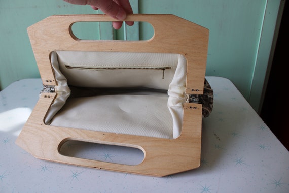 1960s VINTAGE CLUTCH Wooden Fabric Handbag......w… - image 2