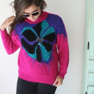 1980s BEAUTIFUL Geometric Sweater...small. colorful. bright. retro. costume. 1980s sweater. rad. fun. beads. pink. purple image 2