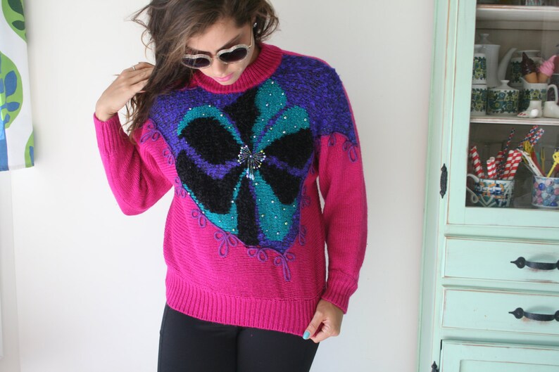 1980s BEAUTIFUL Geometric Sweater...small. colorful. bright. retro. costume. 1980s sweater. rad. fun. beads. pink. purple image 2