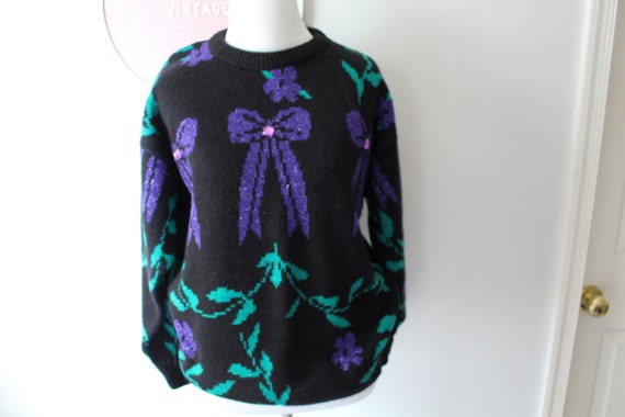 1980s Purple Teal Black Bow Sweater.......size sm… - image 4